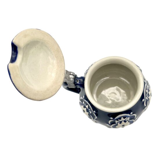 Vintage Wekara German Lidded Mustard Pot Stein Blue White Stoneware 3.5"H - Picture 4 of 7